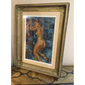 Crouching Nude Woman'', Oil On Canvas By Pierre Creixams, Spanish Painter
