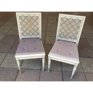 Pair Of Louis XVI Cane Chairs In Rechampi Wood. 