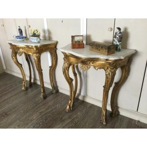 Pair Of Carved And Gilded Wood Consoles From The 18th Century