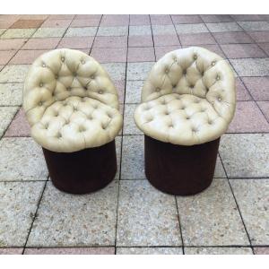 Pair Of Small Low Back Poufs.