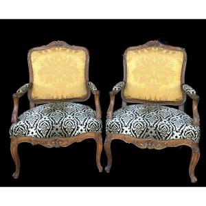 Pair Of Large Louis XV Style Queen's Armchairs, Late 19th Century 