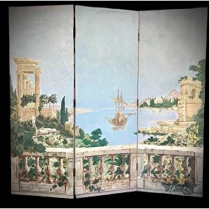 Painted 3-leaf Screen In The Style Of Zuber Or Dufour. Inspired By Hubert Robert. Early 20th Century.