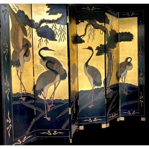 Japanese Lacquered Screen In Black And Gold, In The Style Of A Byobu. Circa 20th Century 