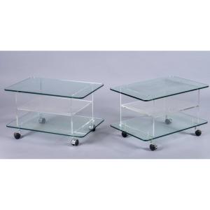 Pair Of Glass And Plexiglas Side Tables With 3 Shelves, Circa 1980
