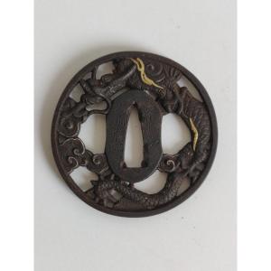 Iron Marugata Tsuba With Dragon Decor