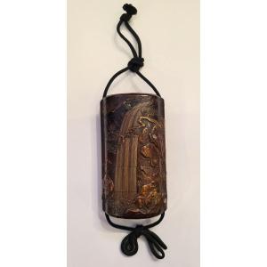 Inro With 4 Lacquer Cases - Waterfall, Pine, Child And Wise Man Decor