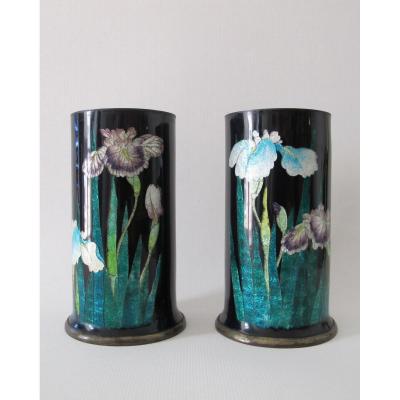 Pair Of Cylindrical Vases In Copper And Cloisonné Enamels With Iris Decor.