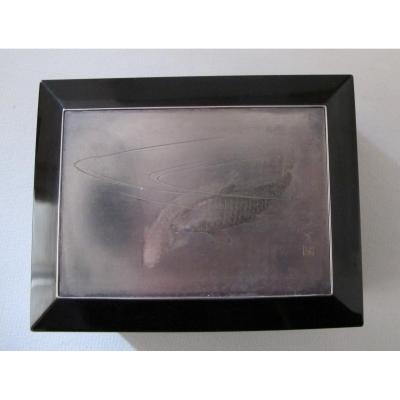 Lacquer Box Decorated With A Silver Plate Decorated With Koi Carp