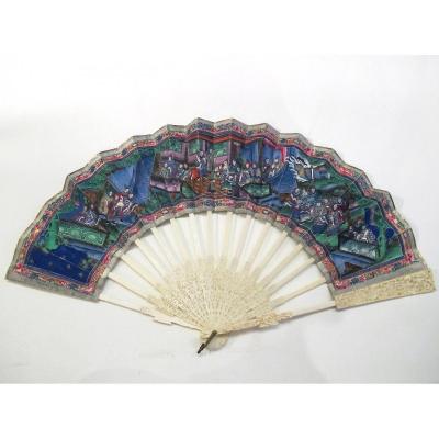 Carved Ivory Retractable Or Telescopic Fan And Its Box, Canton, China, 19th C