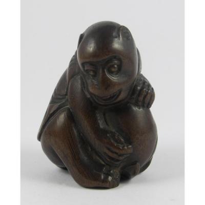 Wooden Netsuke - Monkey And Peach