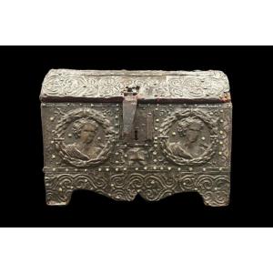 A Wooden Box With A Domed Lid, Covered In Leather And Sheet Metal Plates.
