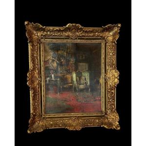 Oil On Canvas Charles Schwartz – Bourgeois Interior, Late 19th / Early 20th Century