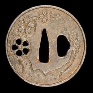 Iron Tsuba With Added Floral Decoration - Japan - Edo Period (17th - Early 19th Century)