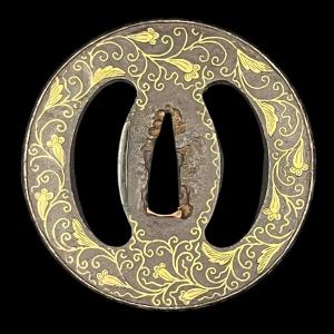 Iron Tsuba Decorated With Karakusa In Zōgan Brass Edo Period (17th–18th Century)