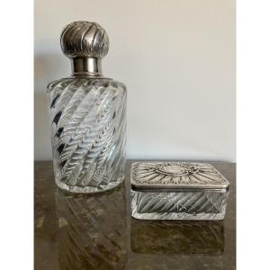 Baccarat Bottle And Box Mounted In Silver