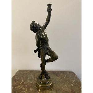 Dancing Faun In Bronze With Green Patina, Signed E. Dame