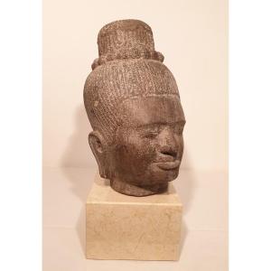 Khmer Art (cambodia) - Sandstone Head Of Deity - 28 Cm