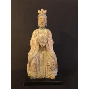 China - Guanyin Seated In Polychrome Wood - 70 Cm