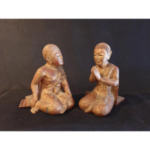 Burma - Pair Of Buddhist Adorers - 30 Cm