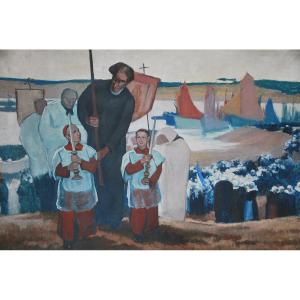Brittany, Procession Large Oil On Canvas Signed De Mareels