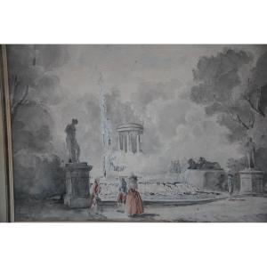 Hubert Robert, Follower, Assembly Of Characters In Front Of A Fountain XVIII