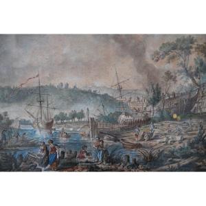 Jean Baptiste Lallemand, Watercolor Scene Of Port School XVIII