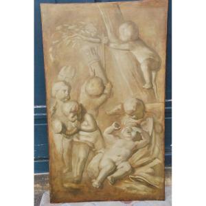 Large Oil On Canvas Putti In Grisaille