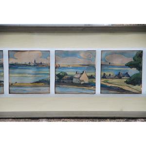 Watercolors, Suite Of Five Views Of Morbihan Signed Menttenhoven