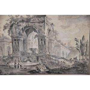 Hubert Robert, Follower, Assembly Of Characters In Front Of A Fountain XVIII