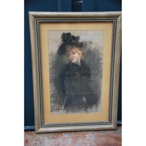 Elegant Pastel Au Chapeau, Signed De Huillard