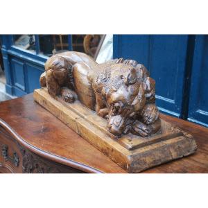 Large Wooden Sculpture Representing A Dog Signed De Bucher