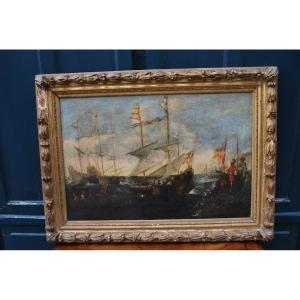 Naval Combat, Oil On Canvas Italian School Early 18th Century