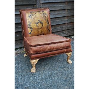 Important Low Chair In Leather And Golden Wood