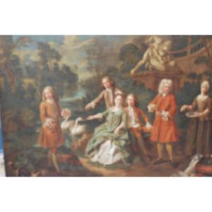 Important And Large Canvas Family Portrait Early 18th Regence Signed By Van Aken
