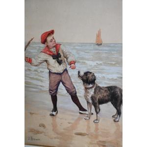 Watercolor Child And Newfoundland, Signed By J Brown XIX