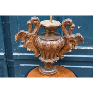 Carved Wood Fire Pot Italy XVIIIi, Mounted In Lamp