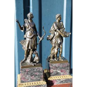 Rare Pair Of 18th Century Bronze Diana And Meleager After Gabriel Grupello