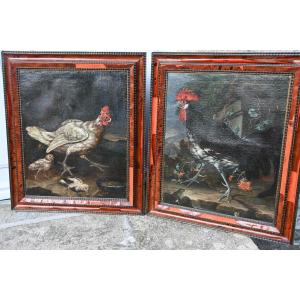 Hen And Rooster, Oils On Canvas, Attributed To David De Coninck XVII