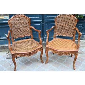 Pair Of Louis XV Caned Armchairs From The 18th Century
