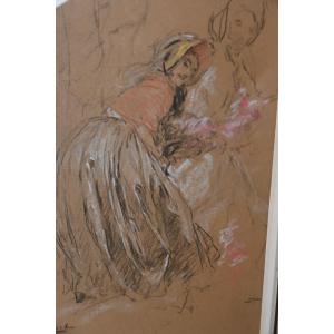 Calbet, Elegant Pastel Drawing With Straw Hat