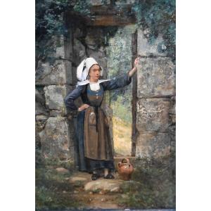 Breton Woman From Pont Aven, Oil By Henri Dutzschold