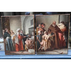 Pair Of Signed Canvases By Beringuier, Young Beggars 19th Century