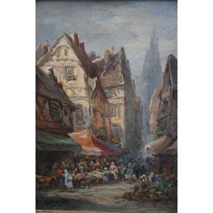 Market Scene In Caen, Late 19th Century Canvas