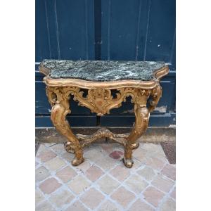 Gilded Wooden Console, With Four Legs, Italy From The 18th Century