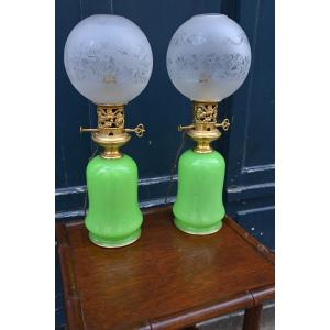 Pair Of 19th Century Green Opaline Lamps From Madeleine Castaing