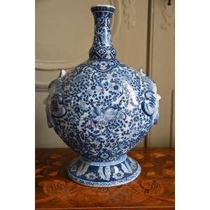 Delft, Gourd Bottle With Grotesque Heads In White And Blue, 18th Century Style