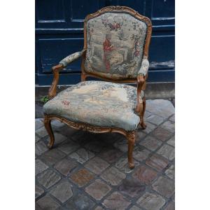 Louis XV Period Armchair With Flat Back And Needlepoint Tapestry