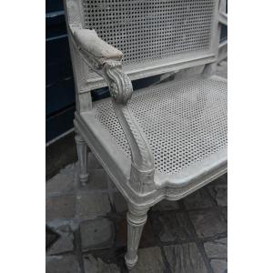 Small Louis XVI Pearl Grey Lacquered Cane Sofa