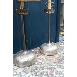 Pair Of Silver-plated Metal Candlestick Lamps, Japan 19th Century