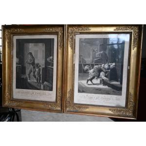 Pair Of 19th Century Engravings Of Dogs, In 19th Century Empire Frames